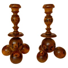 Pair of Folk Art Hand Painted Wood Candlesticks