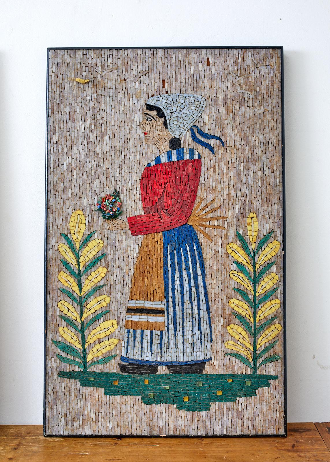 20th Century Pair of Folk Art Mosaic Tile Paintings Man and Woman