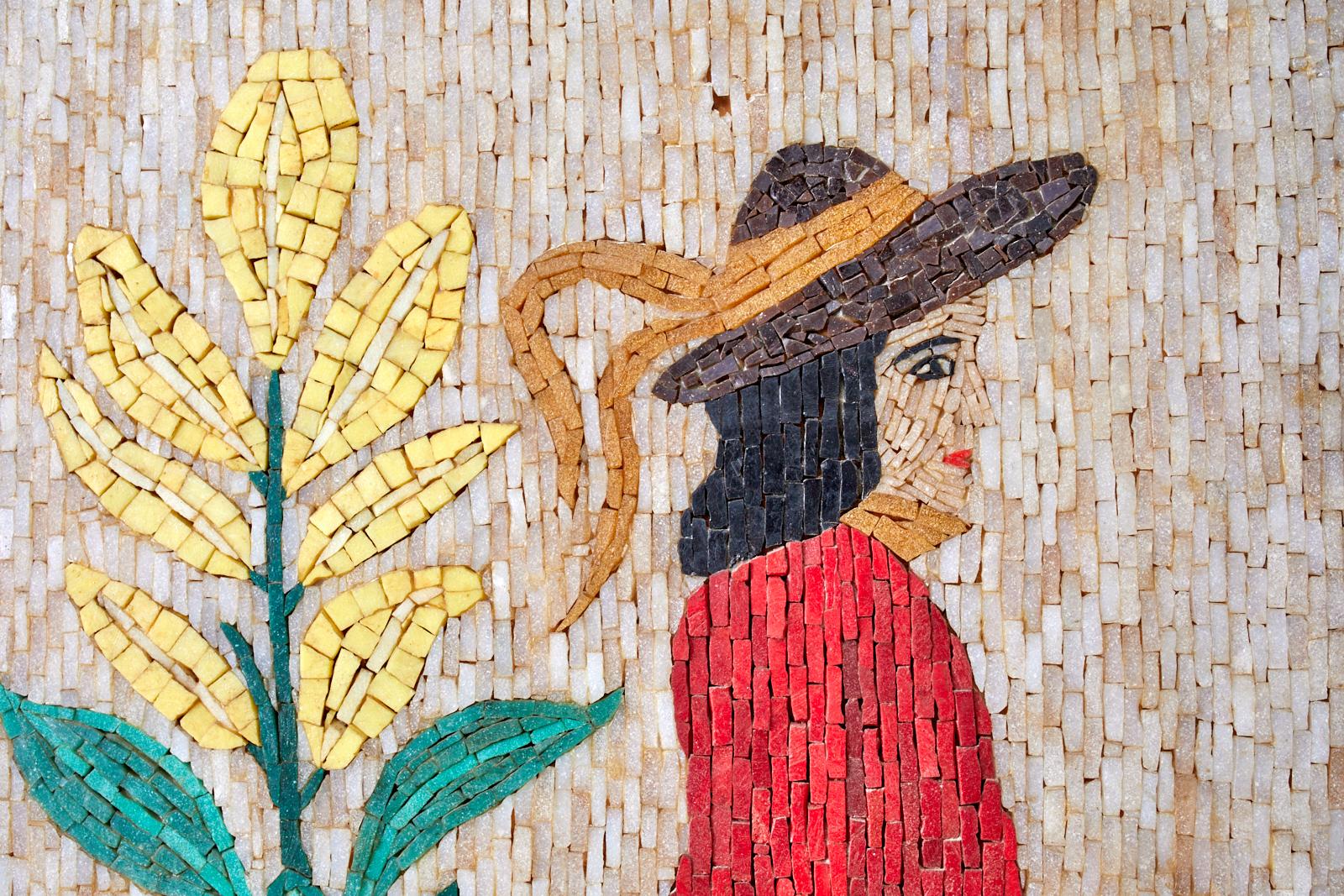 Wood Pair of Folk Art Mosaic Tile Paintings Man and Woman