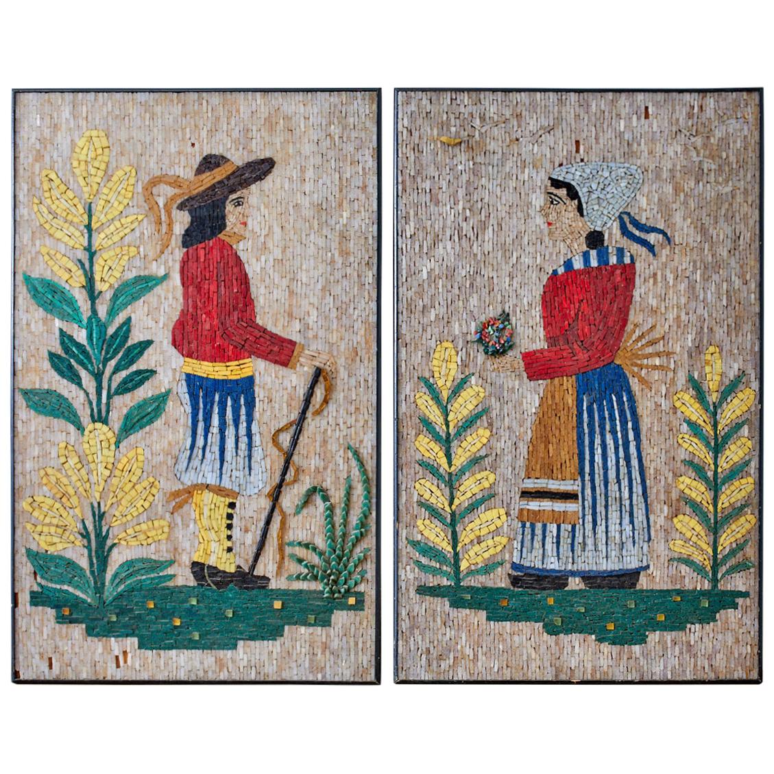 Pair of Folk Art Mosaic Tile Paintings Man and Woman