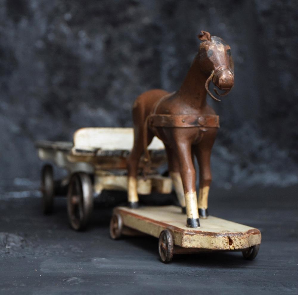Pair of Folk Art Naïve Carved Wooden Horse and Coaches, circa 1870 6