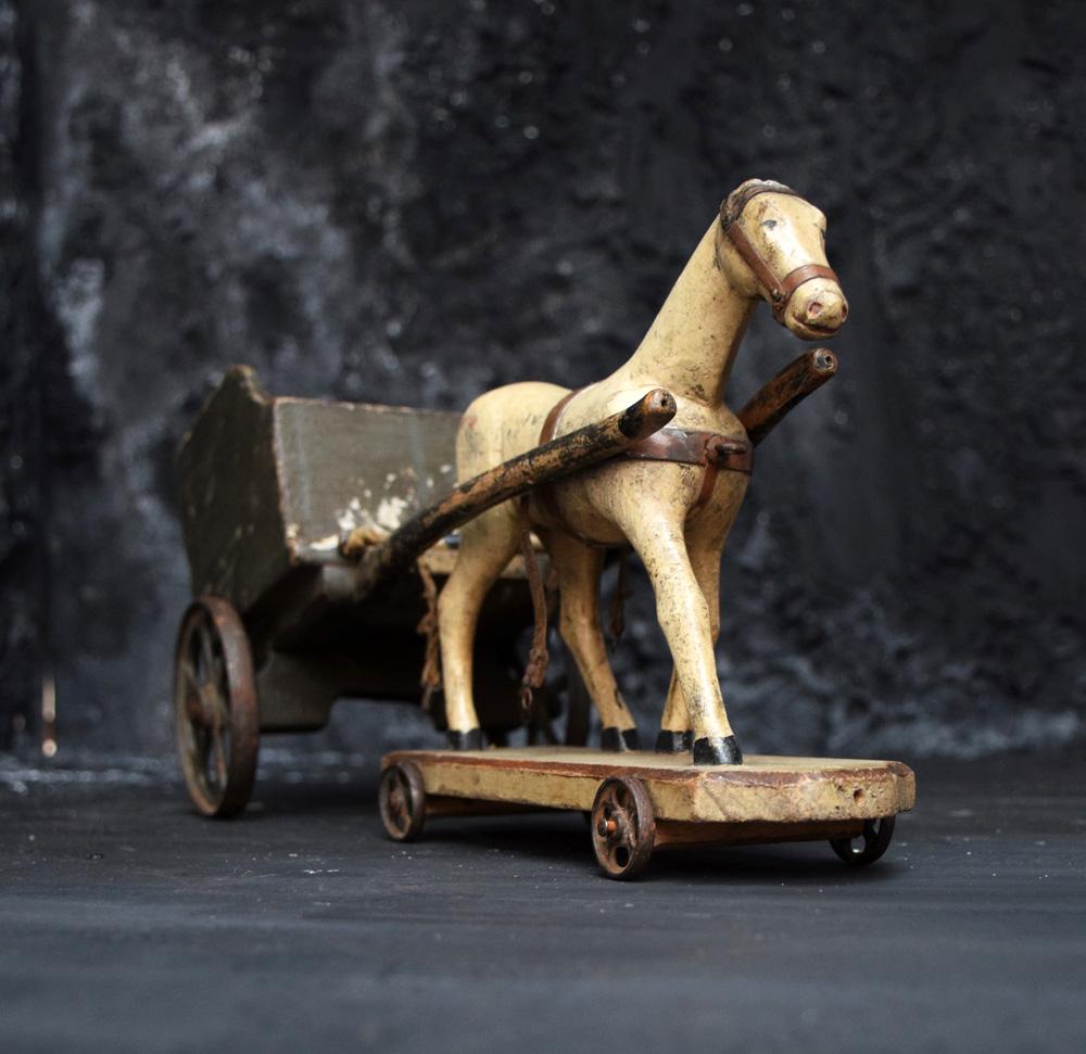 Pair of Folk Art Naïve Carved Wooden Horse and Coaches, circa 1870 1