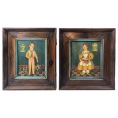 Pair of Folk Art Portraits by Jean Halter in Original Frames