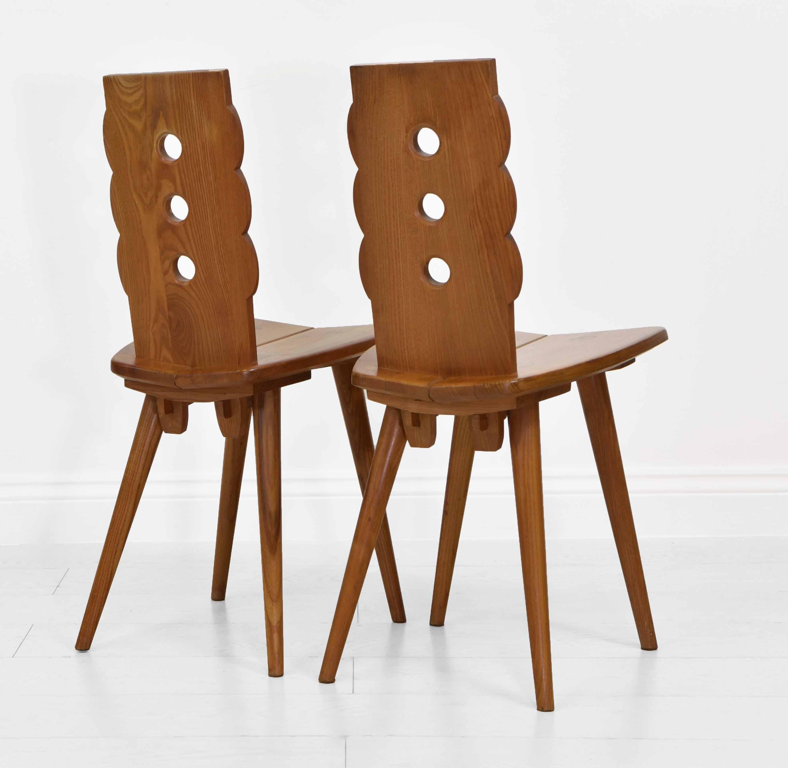 Polish Pair of Folk Design Elm Chalet Ski Resort Zakopane Side Chairs Mid Century