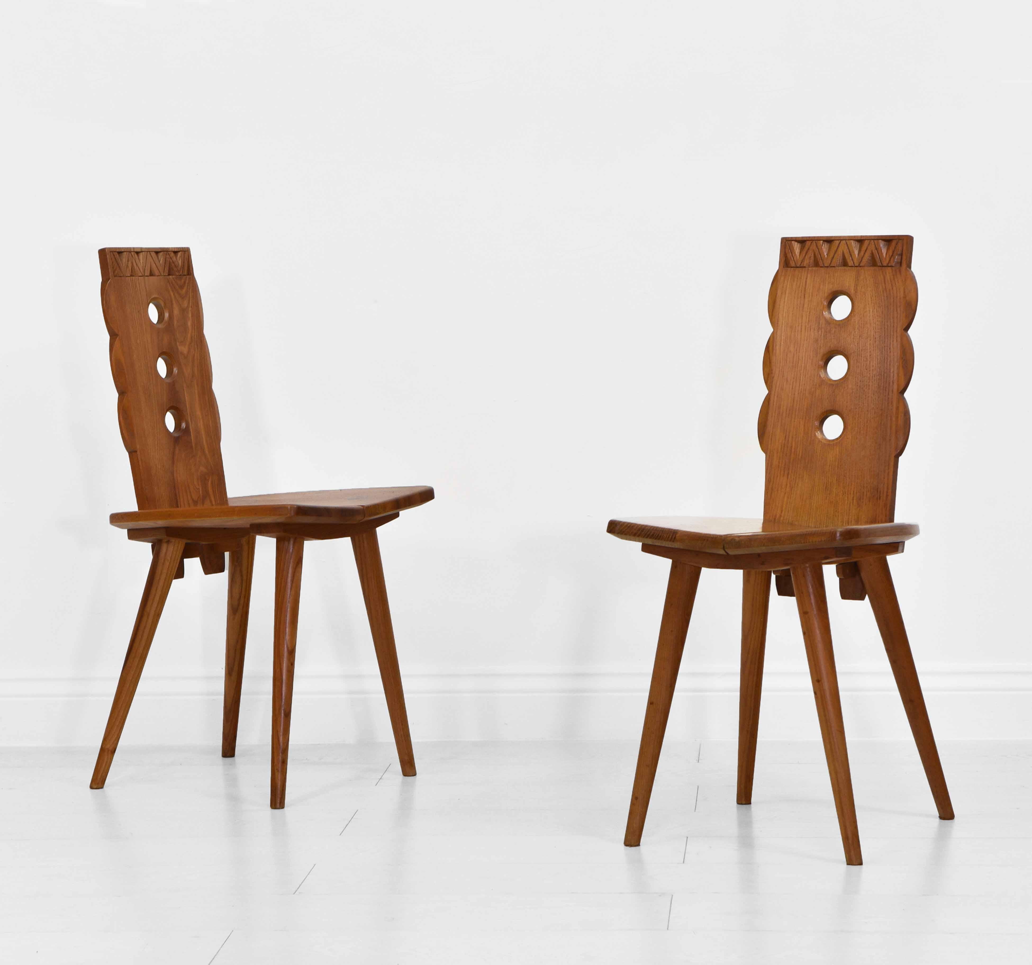 Pair of Folk Design Elm Chalet Ski Resort Zakopane Side Chairs Mid Century 1