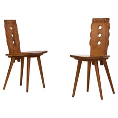 Pair of Folk Design Elm Chalet Ski Resort Zakopane Side Chairs Mid Century