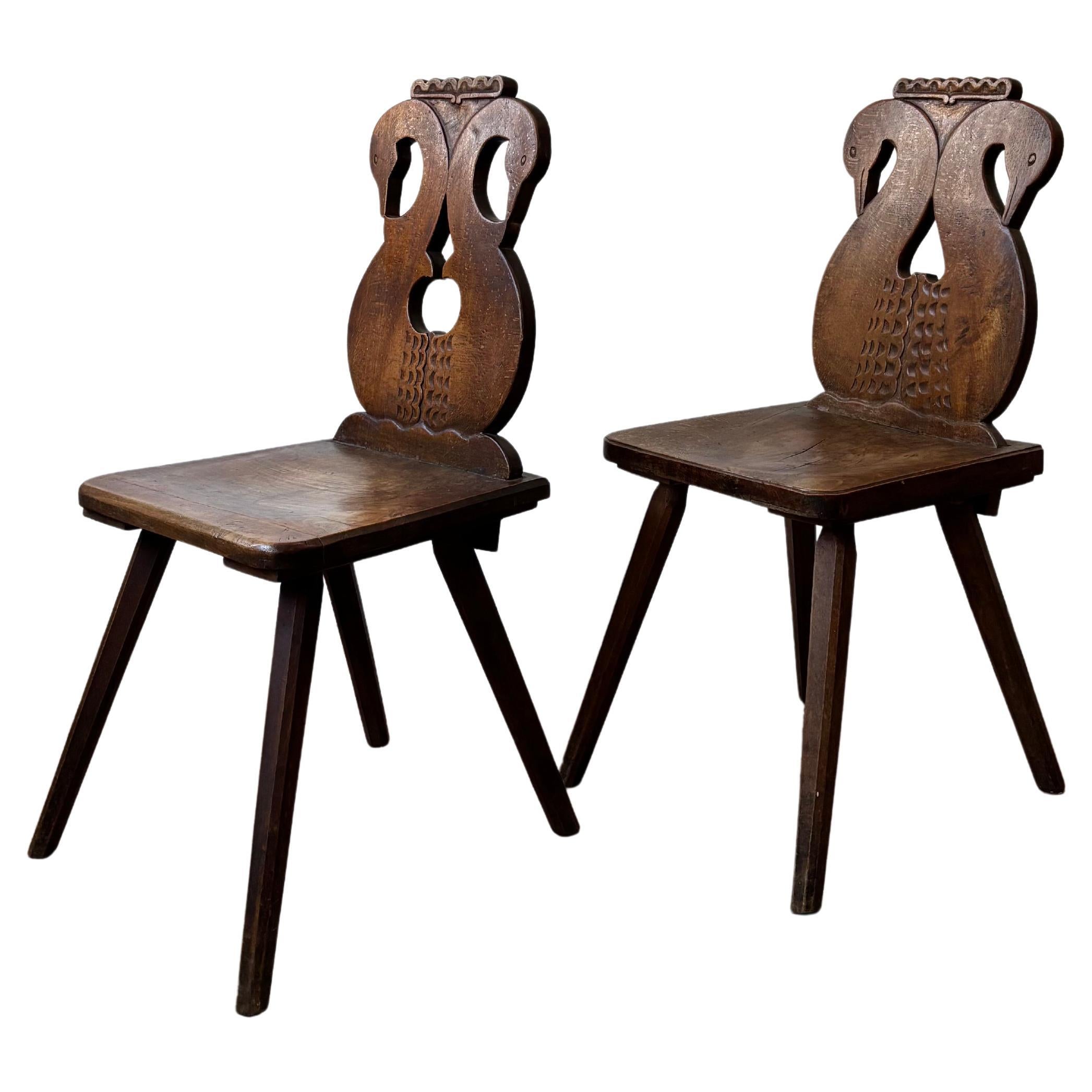 Pair of Folk Side Chairs, Swiss Alp, Escabelle