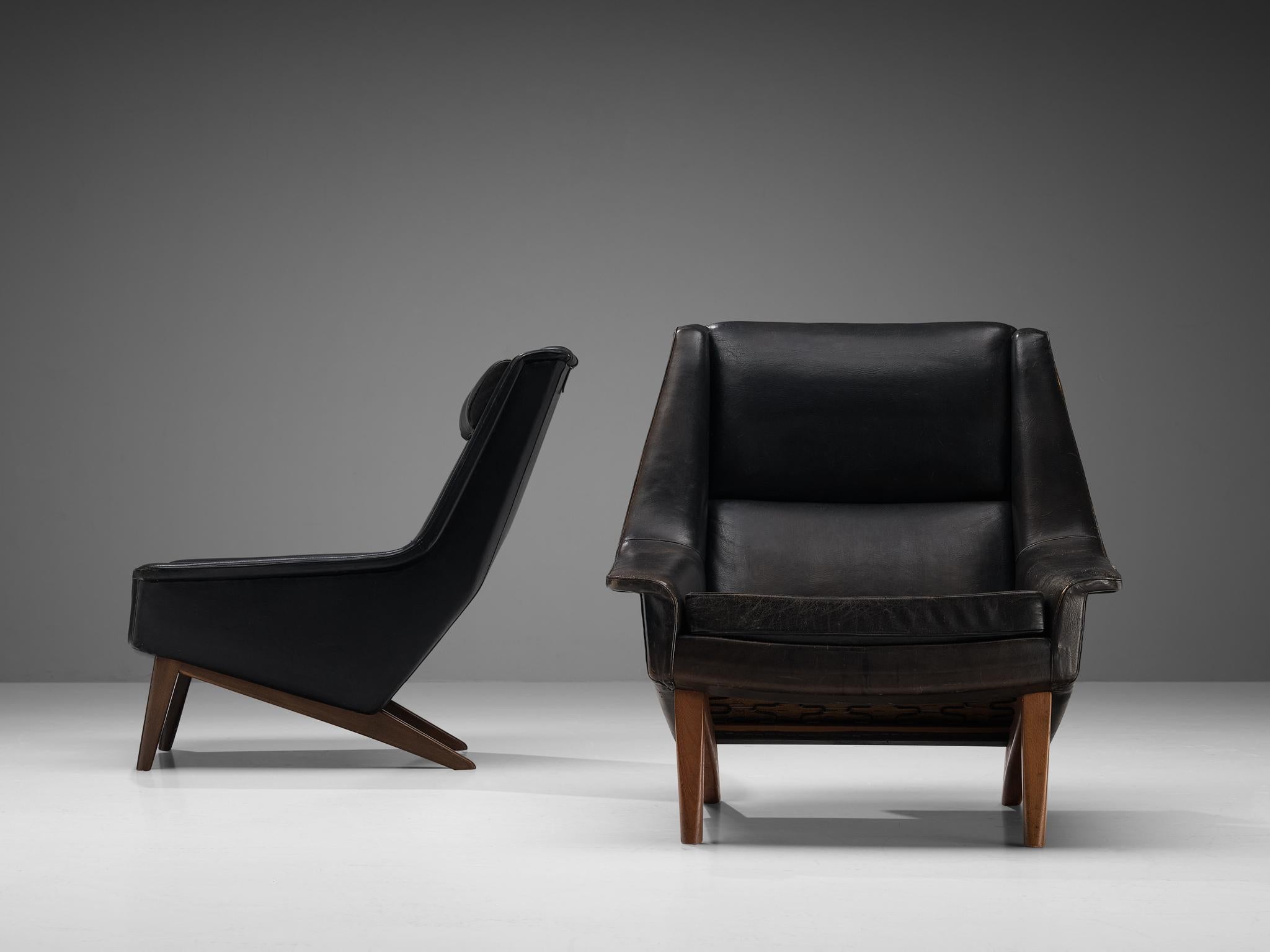 Danish Pair of Folke Ohlsson for Fritz Hansen Lounge Chairs in Black Leather
