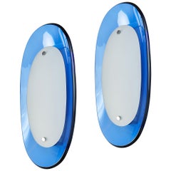 Pair of Fontana Arte Blue Glass Oval Sconces, 1960s