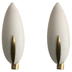 Vintage Pair of Max Ingrand White Glass Brass Wall Sconces for Fontana Arte Italy, 1950s