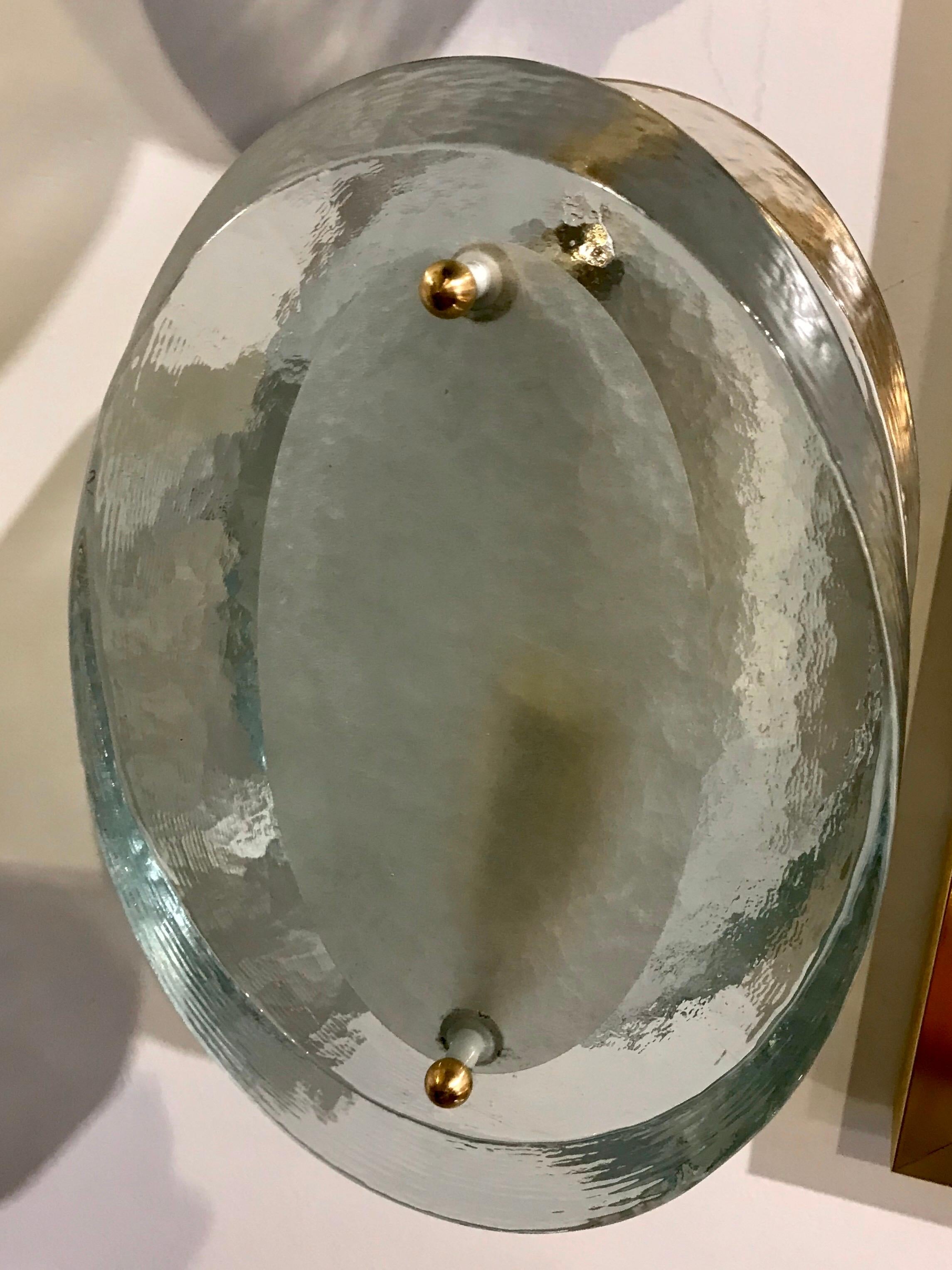 Mid-Century Modern Pair of Fontana Arte Glass Disc and Brass Sconces
