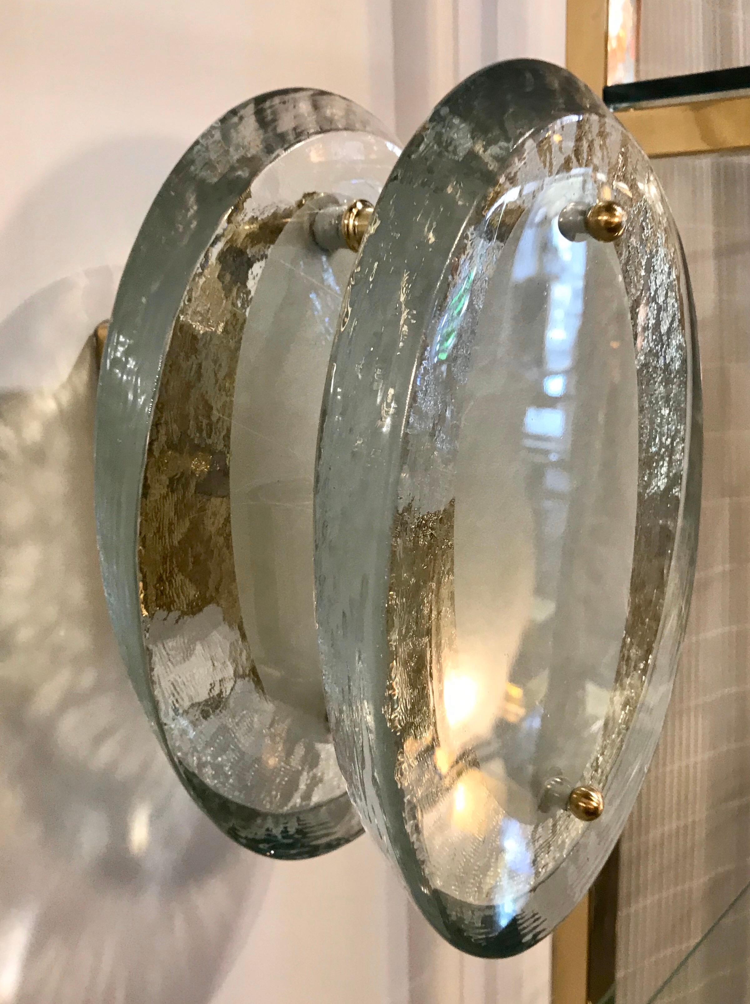 Italian Pair of Fontana Arte Glass Disc and Brass Sconces