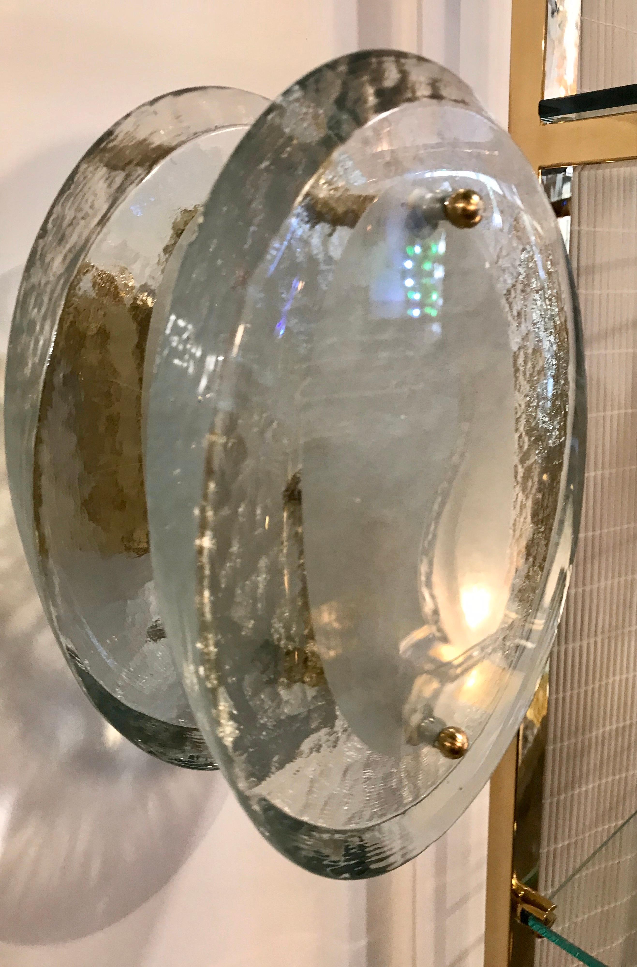 Pair of Fontana Arte Glass Disc and Brass Sconces In Good Condition For Sale In Miami, FL