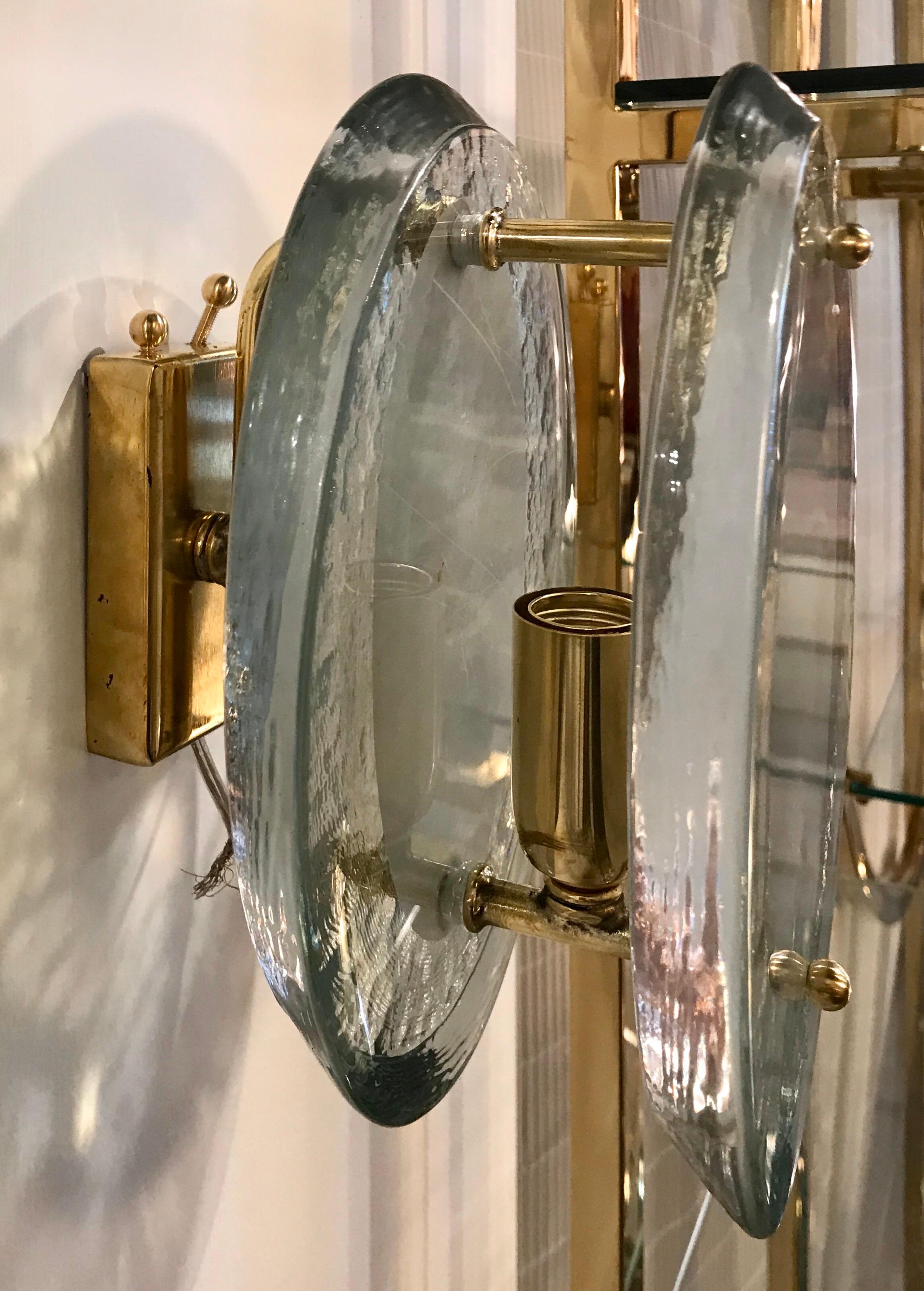 Pair of Fontana Arte Glass Disc and Brass Sconces 1
