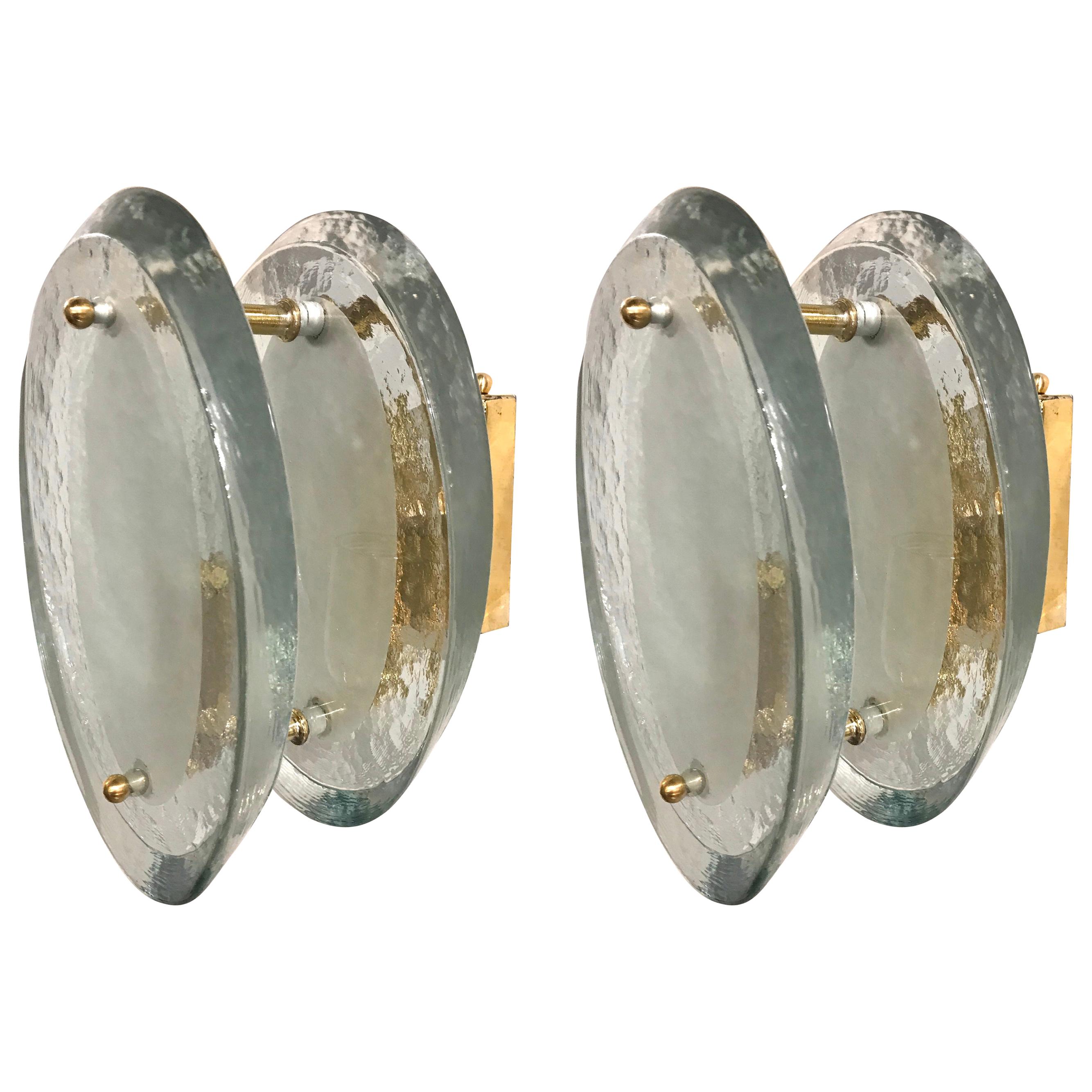 Pair of Fontana Arte Glass Disc and Brass Sconces