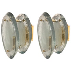 Pair of Fontana Arte Glass Disc and Brass Sconces