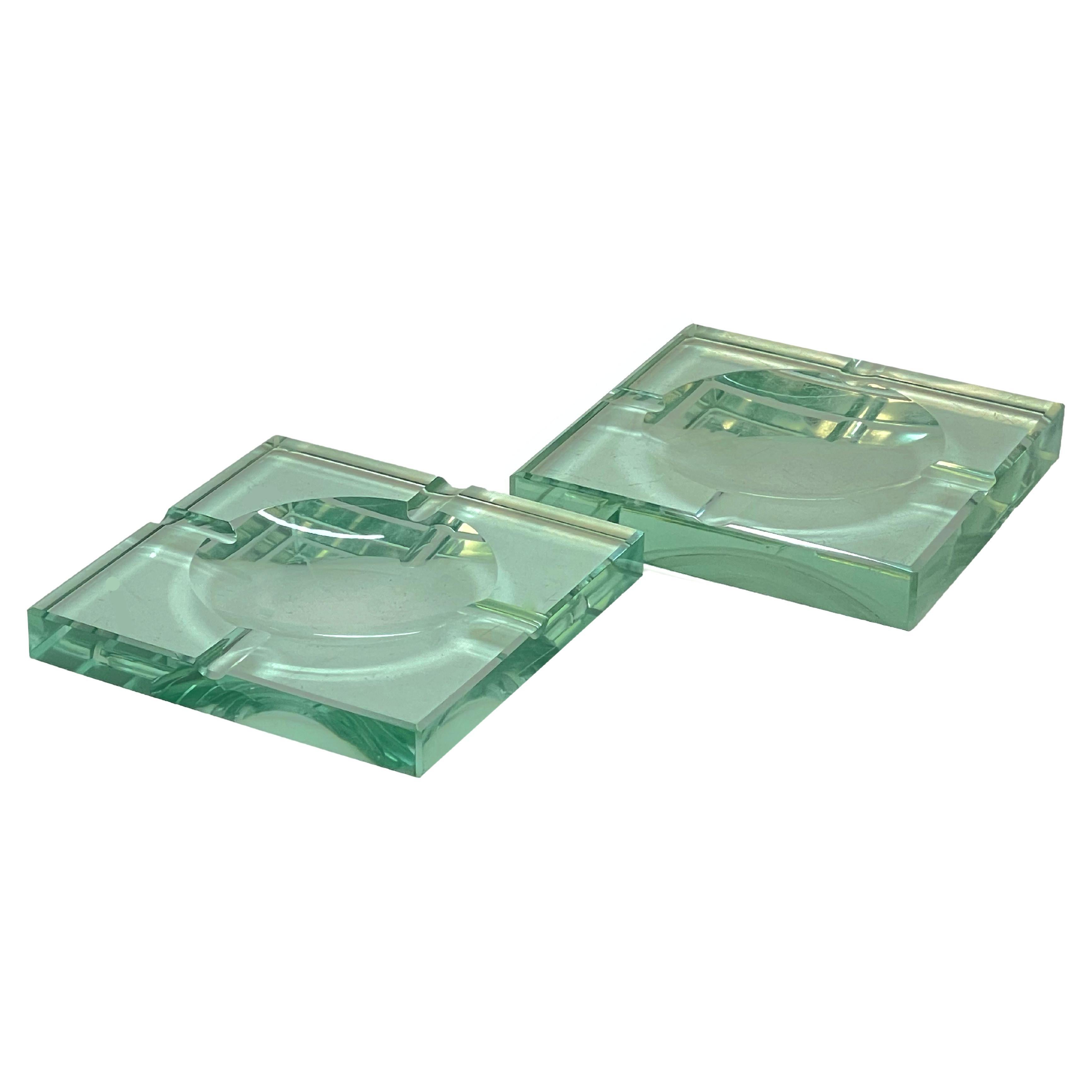 Pair of Fontana Arte Midcentury Green Crystal Glass Squared Italian Ashtrays