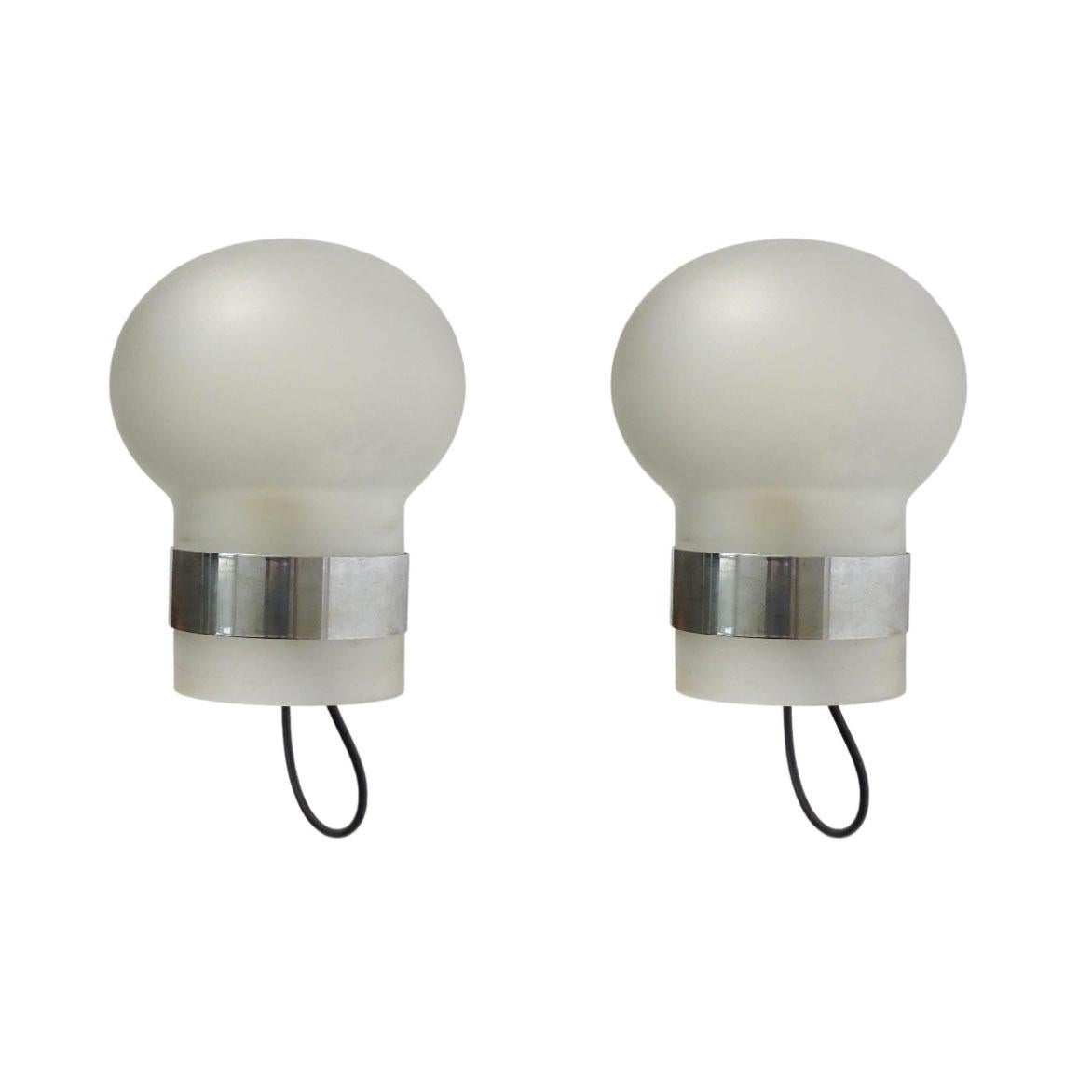 Mid-Century Modern Pair of Fontana Arte Model 2404 Frosted glass and Chrome Sconces, Italy, 1950s For Sale