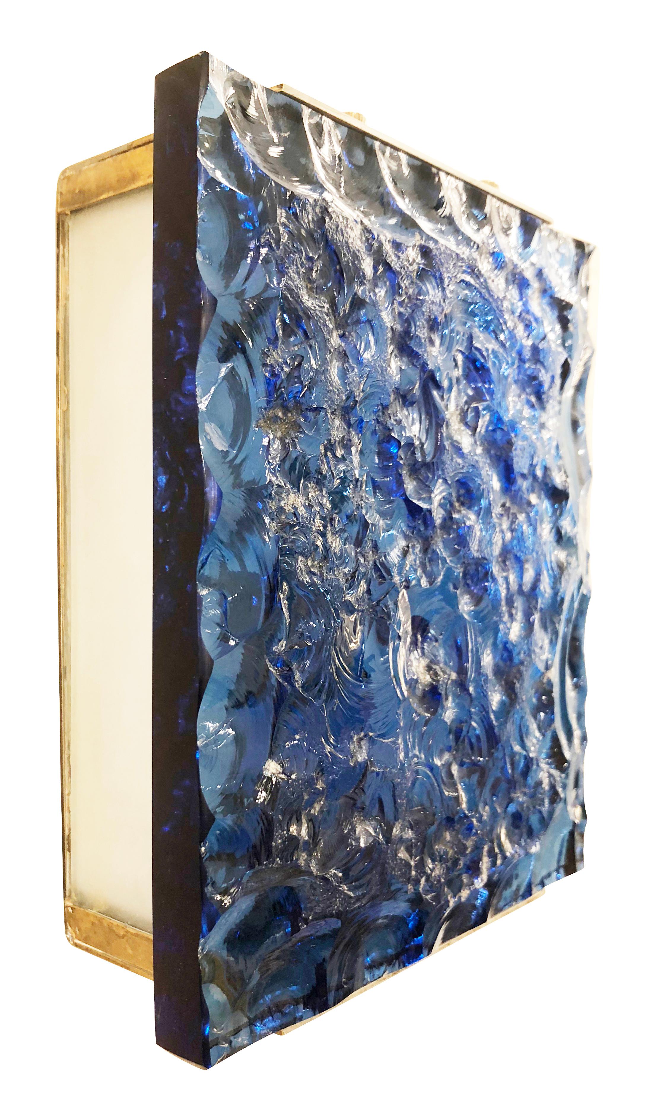 Italian Pair of Fontana Arte Sconces Model 2311 with Chiseled Blue Glass