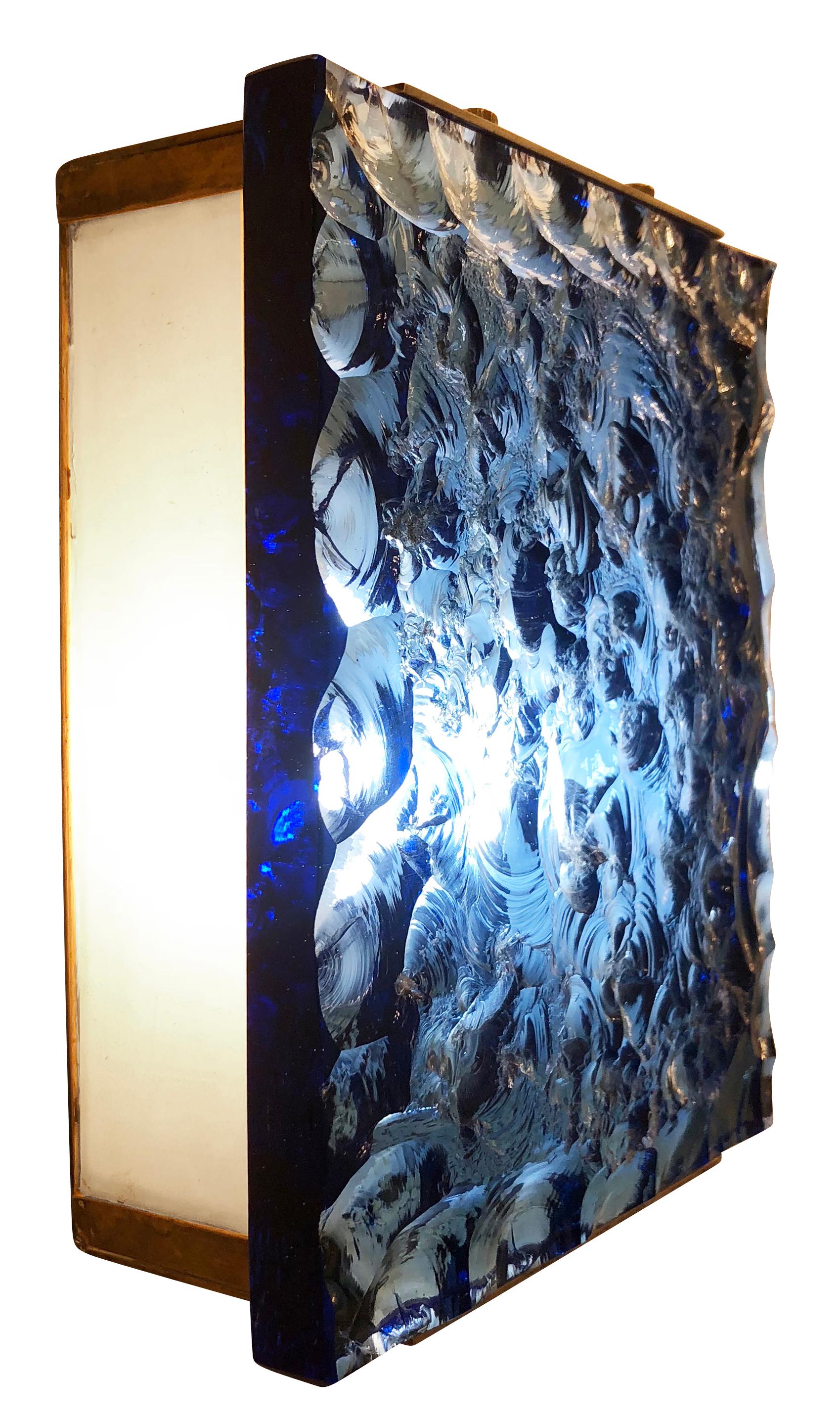 Pair of Fontana Arte Sconces Model 2311 with Chiseled Blue Glass In Good Condition In New York, NY
