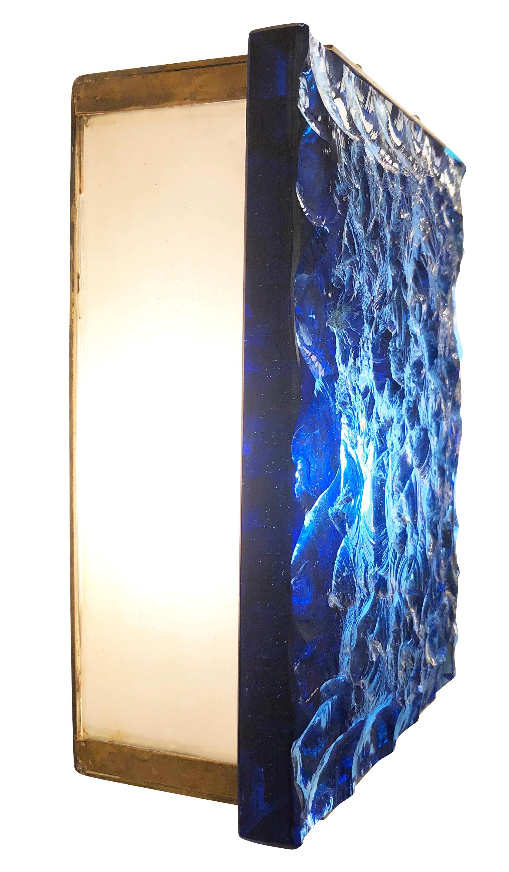 Mid-20th Century Pair of Fontana Arte Sconces Model 2311 with Chiseled Blue Glass