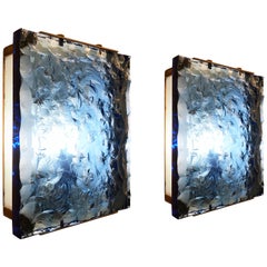 Pair of Fontana Arte Sconces Model 2311 with Chiseled Blue Glass