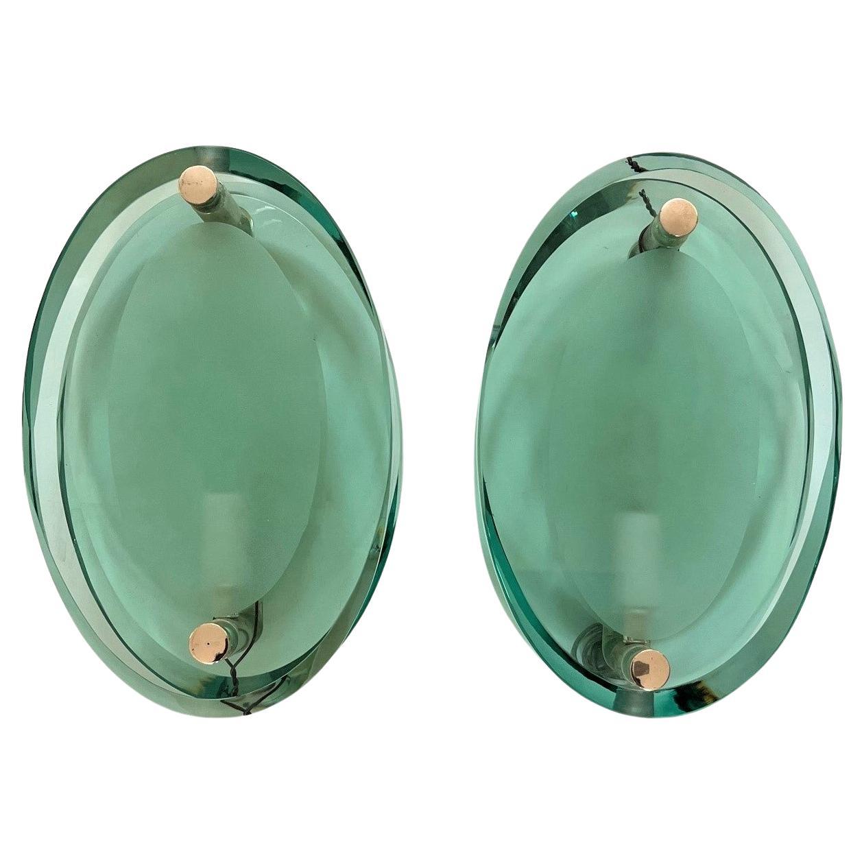Pair of Fontana Arte Style Art Deco Modern Green Crystal Glass Wall Sconces For Sale