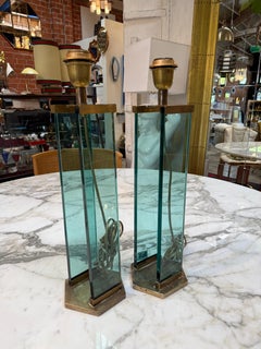 Pair of Fontana Arte Style Brass and Blue Glass Table Lamps