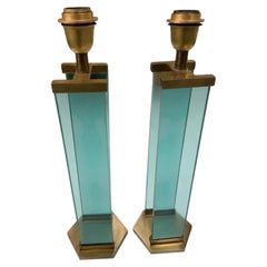 Pair of Fontana Arte Style Brass and Blue Glass Table Lamps