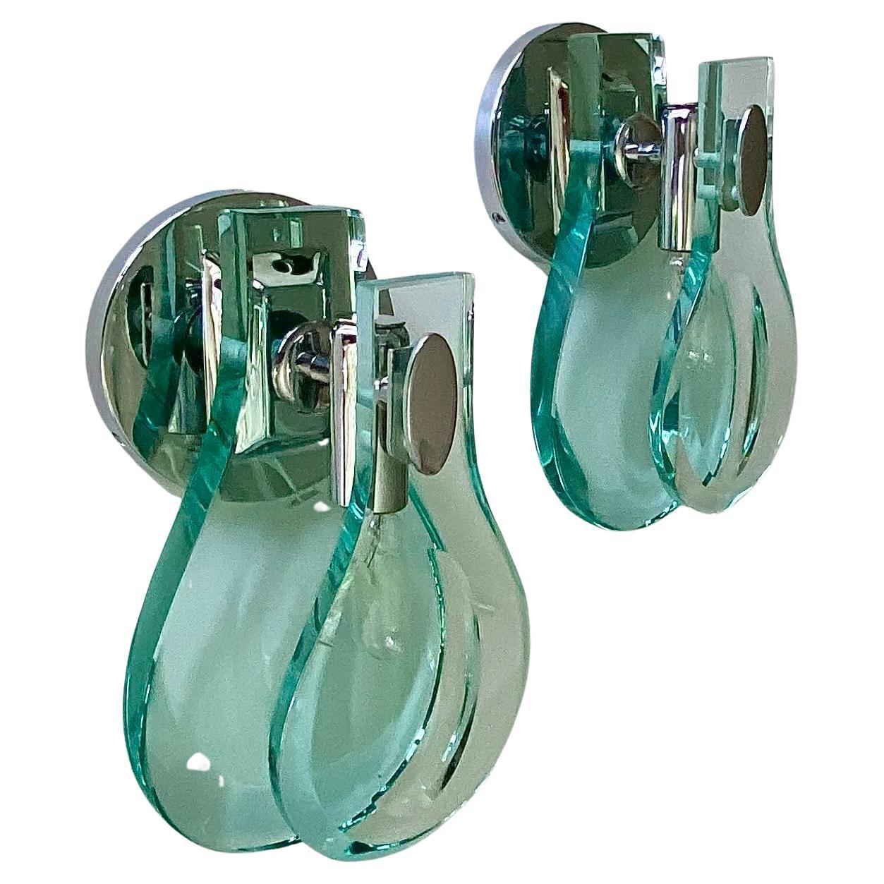 Pair of Fontana Arte Style Italian Thick Tear Drop Glass Wall Sconces For Sale