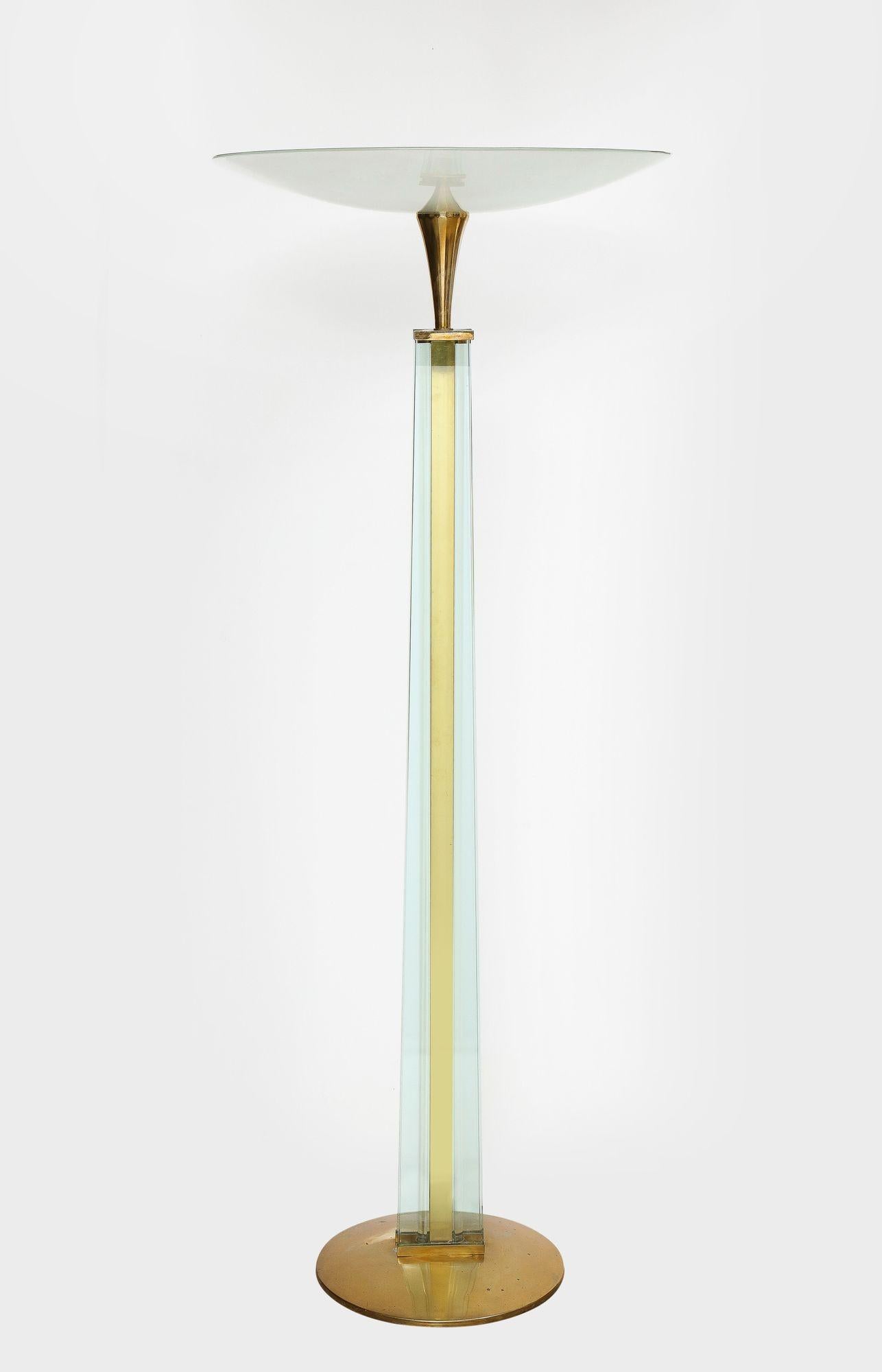 A stunning pair of attributed to Pietro Chiesa for Fontana Arte Italian mid century modern pair of torchiere floor lamps with glass cylinder shaft and frosted glass shades, circa 1940. Measures: 66.75