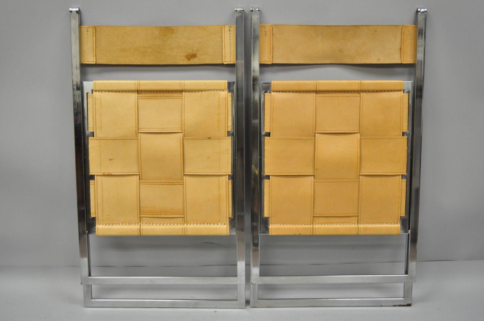 Pair of Fontoni & Geraci Elios Folding Chairs Italian Modern Chrome & Leather A 6