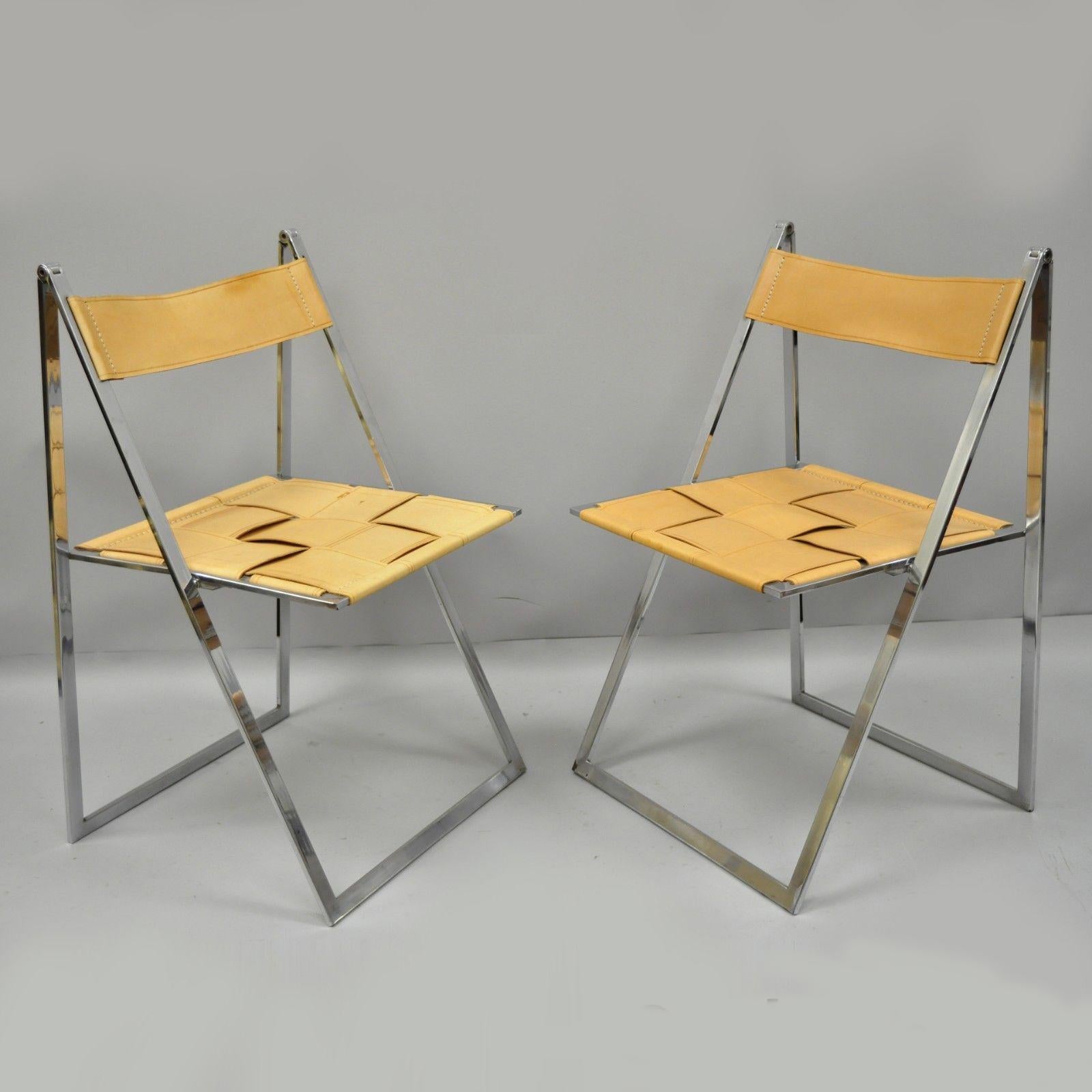 Pair of Fontoni & Geraci Elios Folding Chairs Italian Modern Chrome & Leather A 7