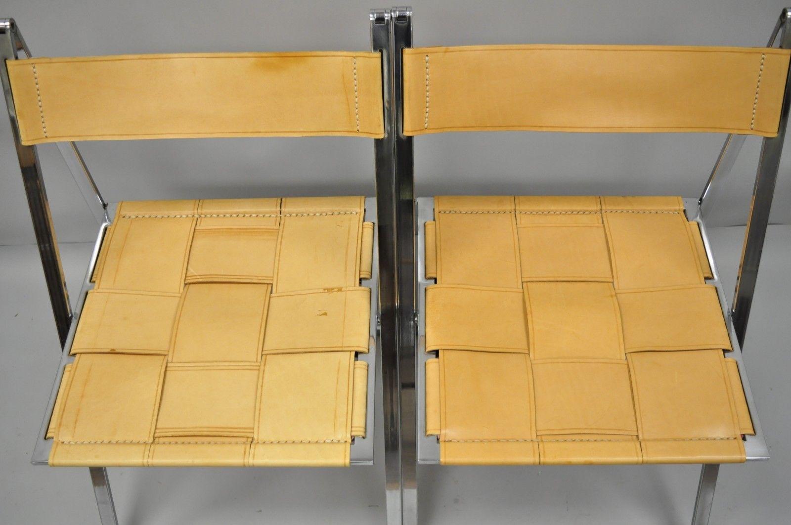 Mid-Century Modern Pair of Fontoni & Geraci Elios Folding Chairs Italian Modern Chrome & Leather A