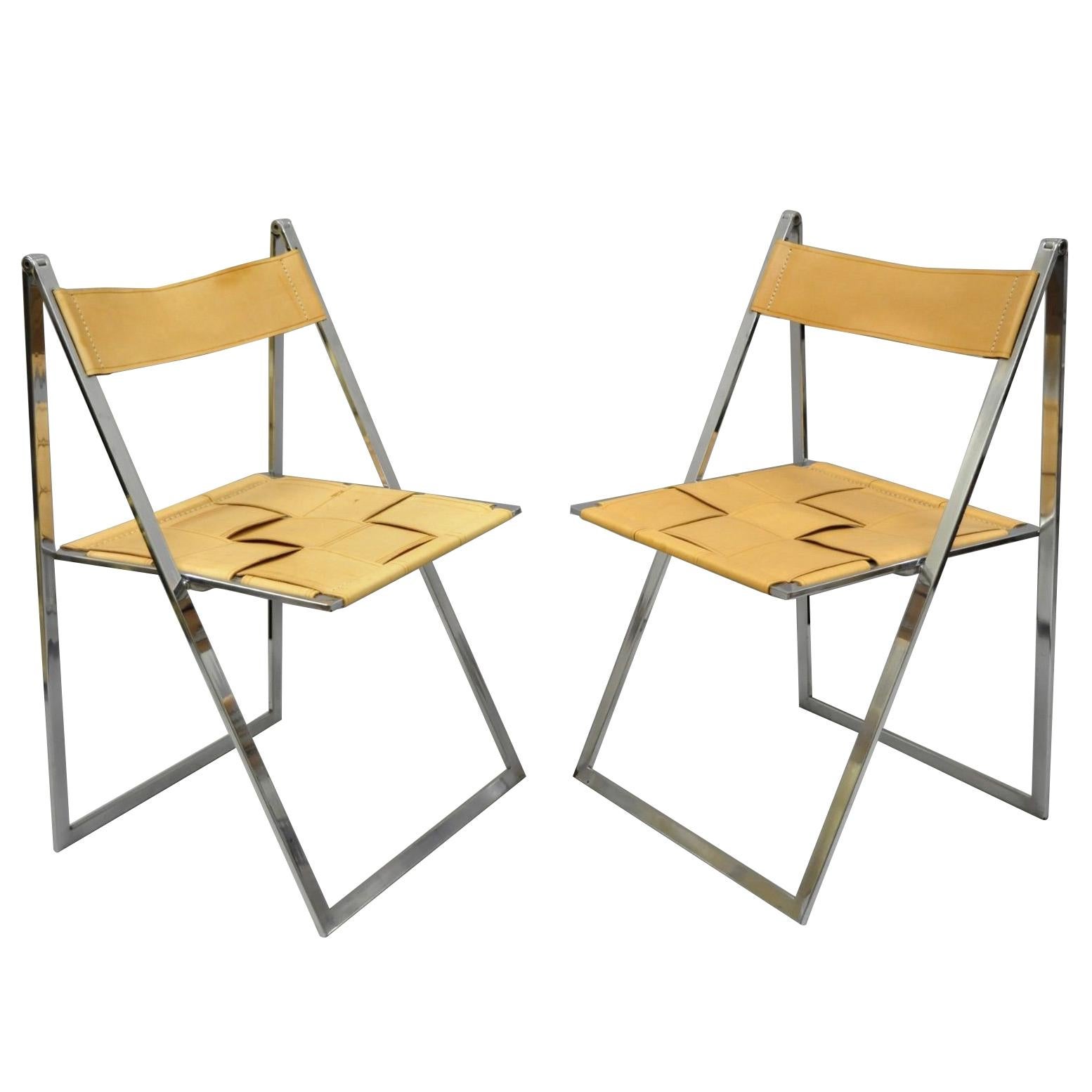 Pair of Fontoni & Geraci Elios Folding Chairs Italian Modern Chrome & Leather A