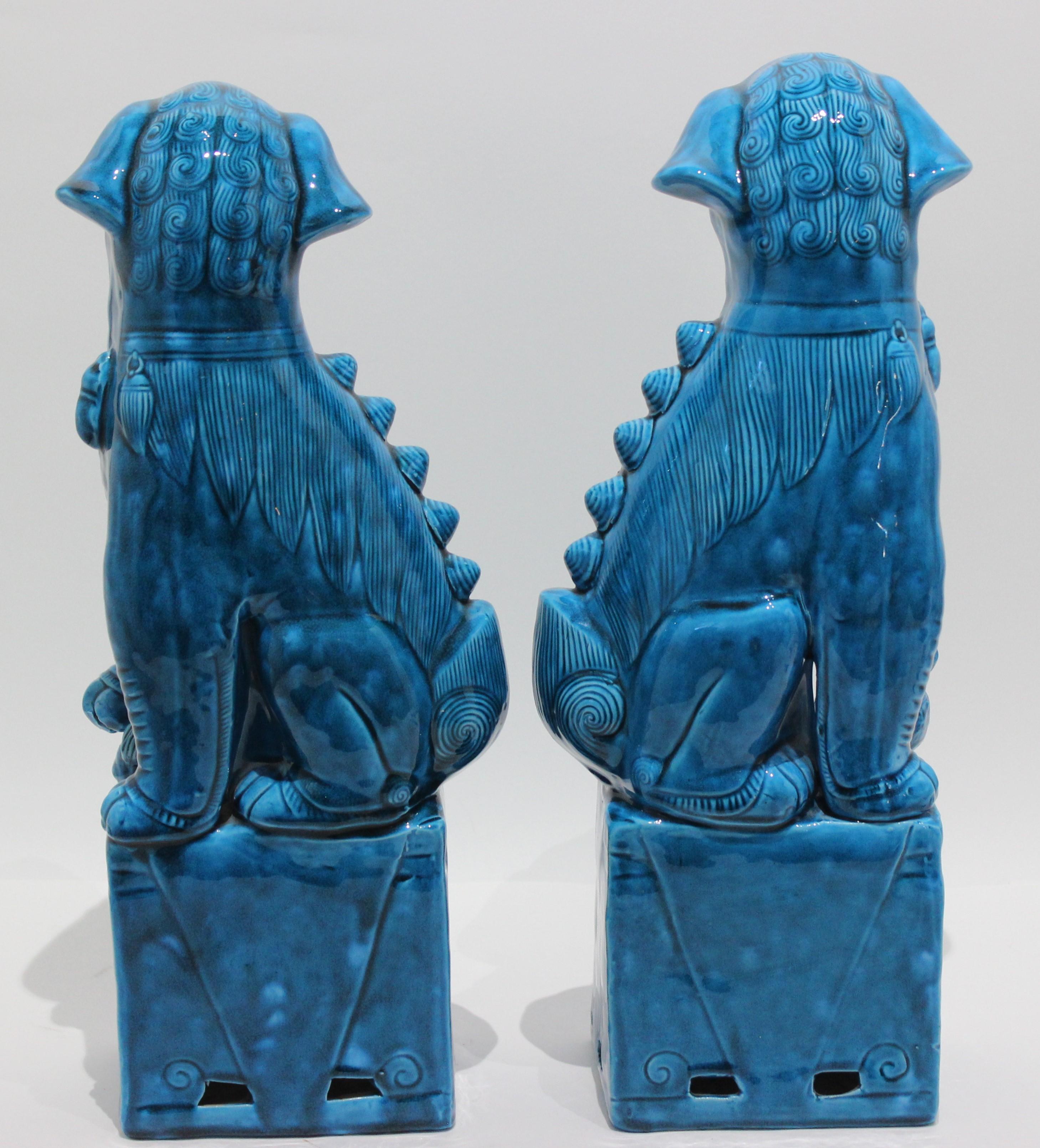 Hollywood Regency Pair of Foo Dogs in Peking Blue Glaze