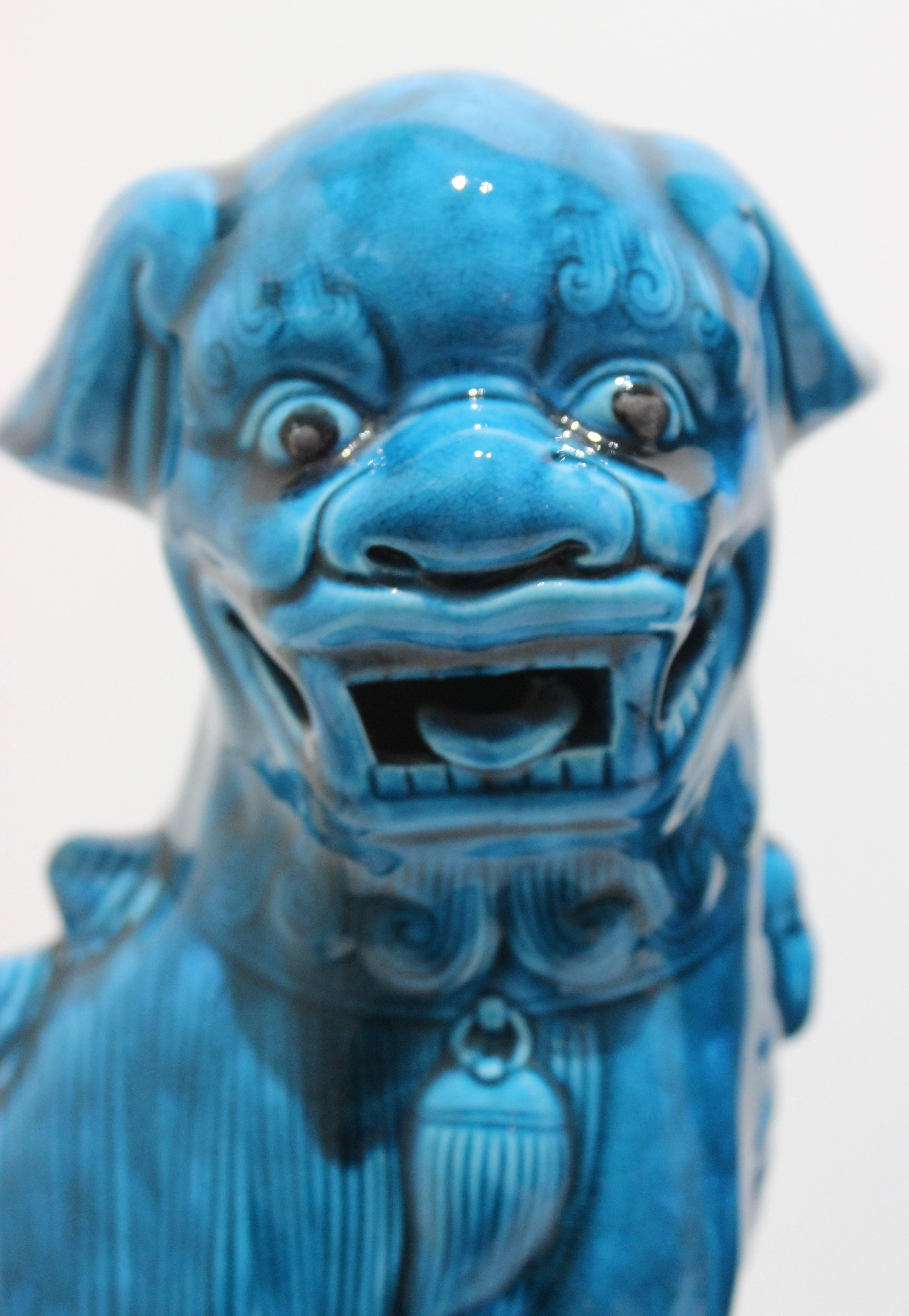 Glazed Pair of Foo Dogs in Peking Blue Glaze