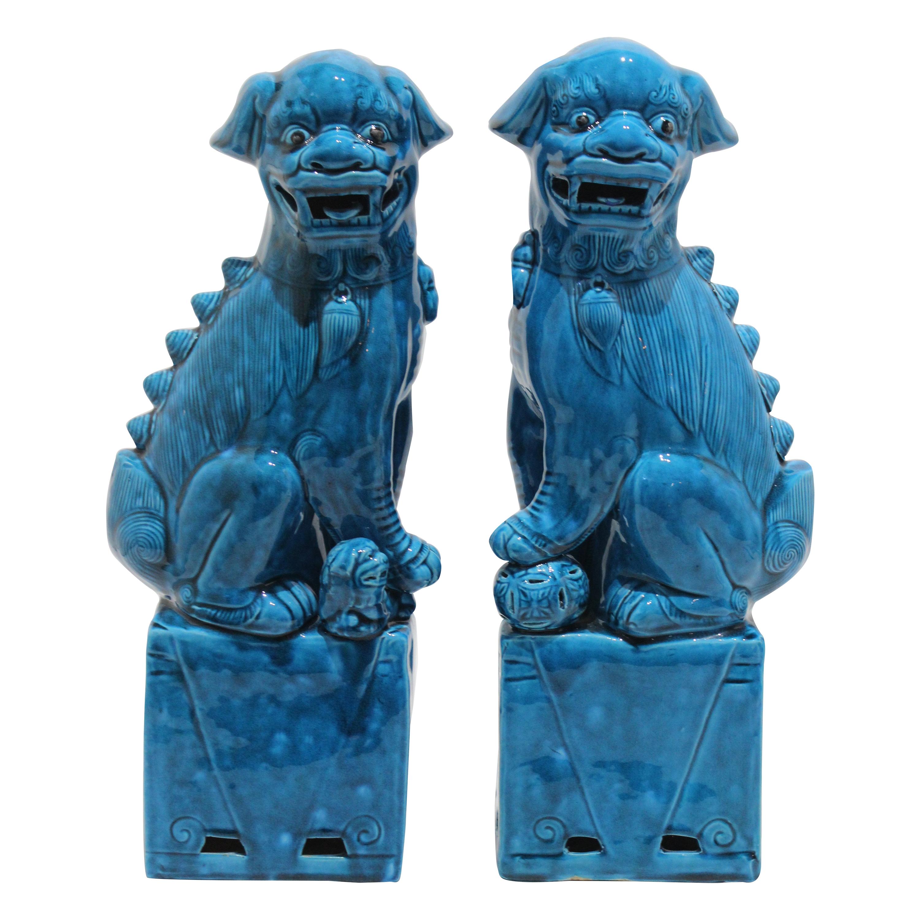 Pair of Foo Dogs in Peking Blue Glaze