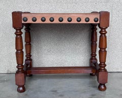 Pair of Foot Stools in Walnut and Leather Seat with Tacks