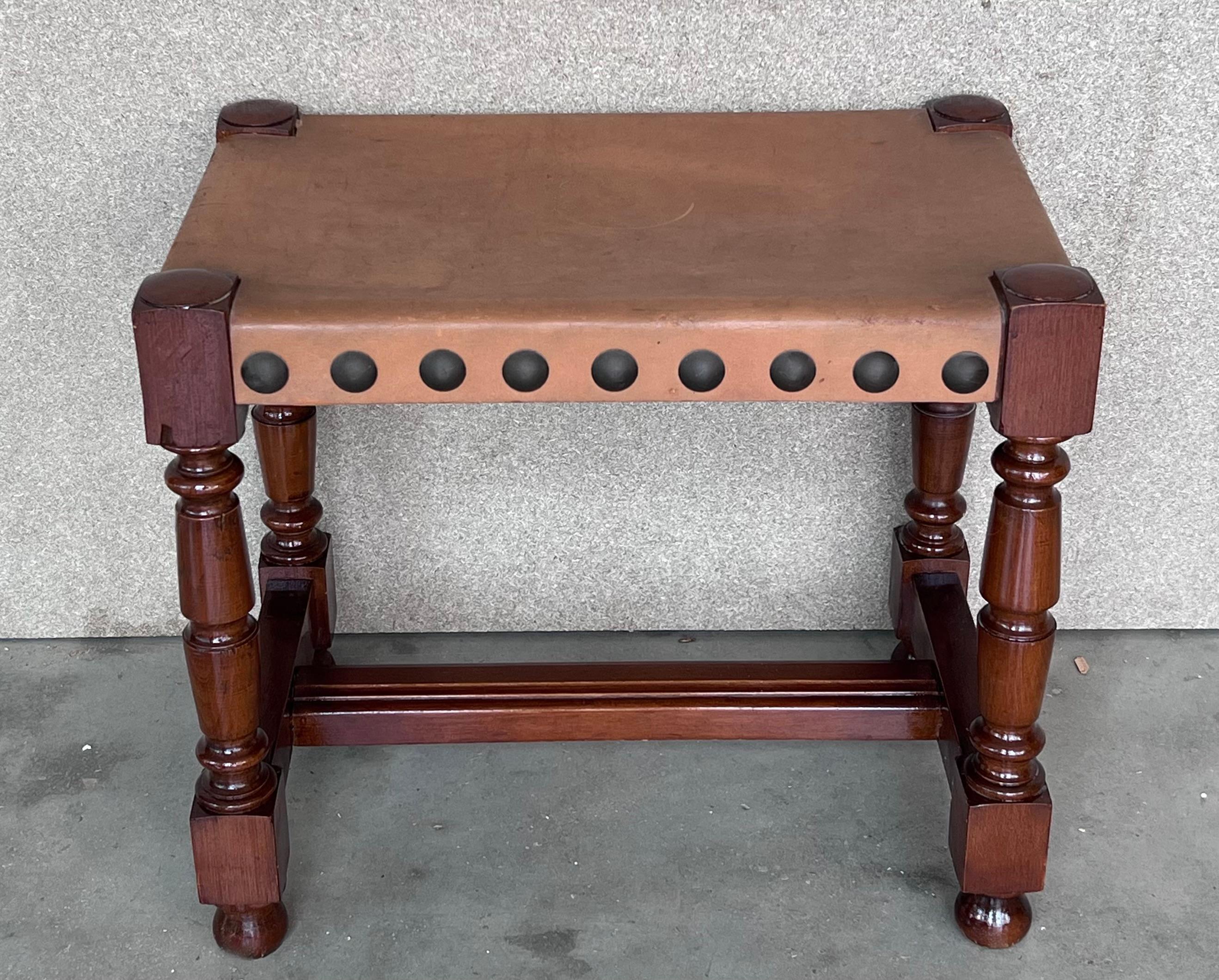 French Provincial Pair of Foot Stools in Walnut and Leather Seat with Tacks For Sale