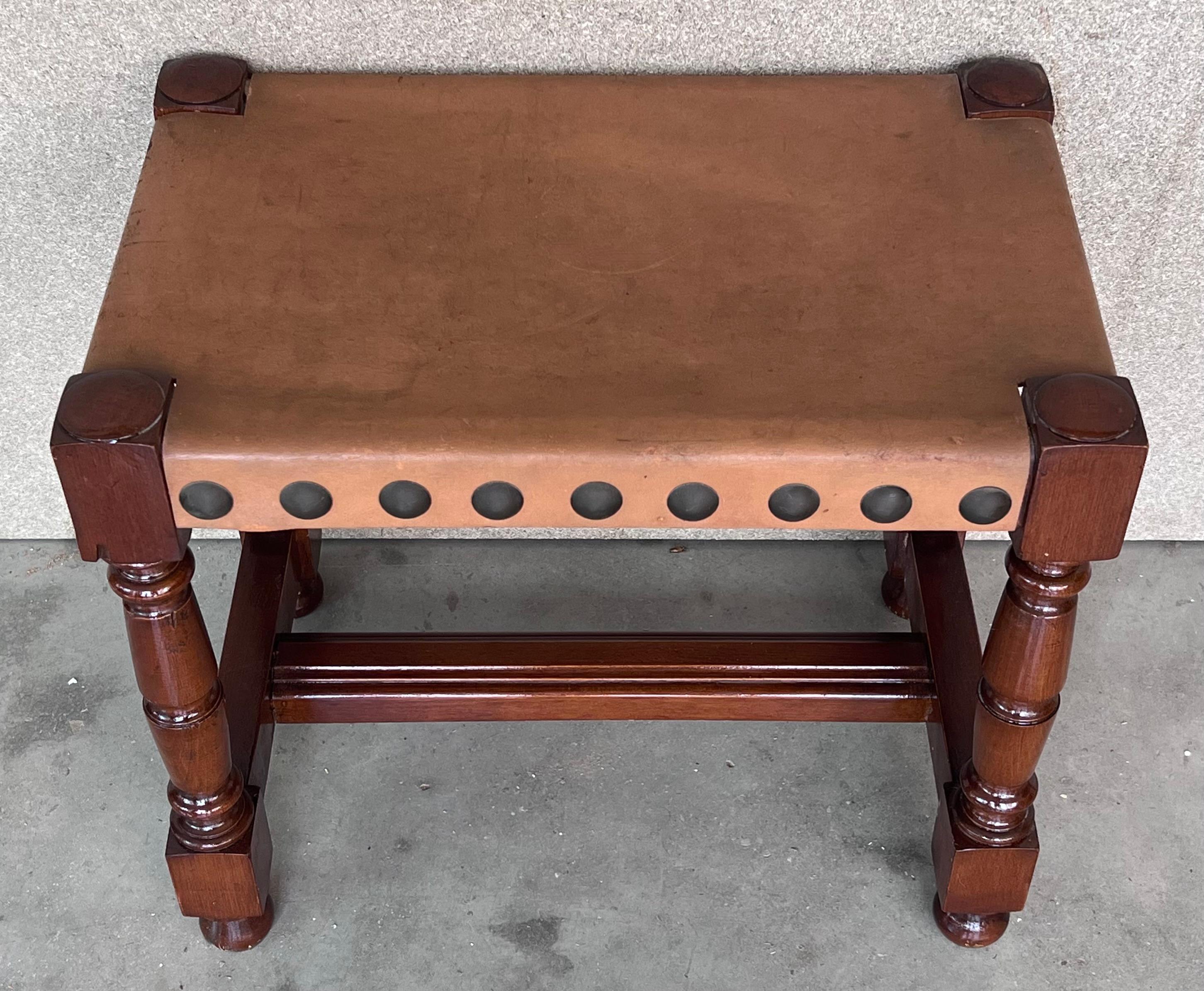 20th Century Pair of Foot Stools in Walnut and Leather Seat with Tacks For Sale