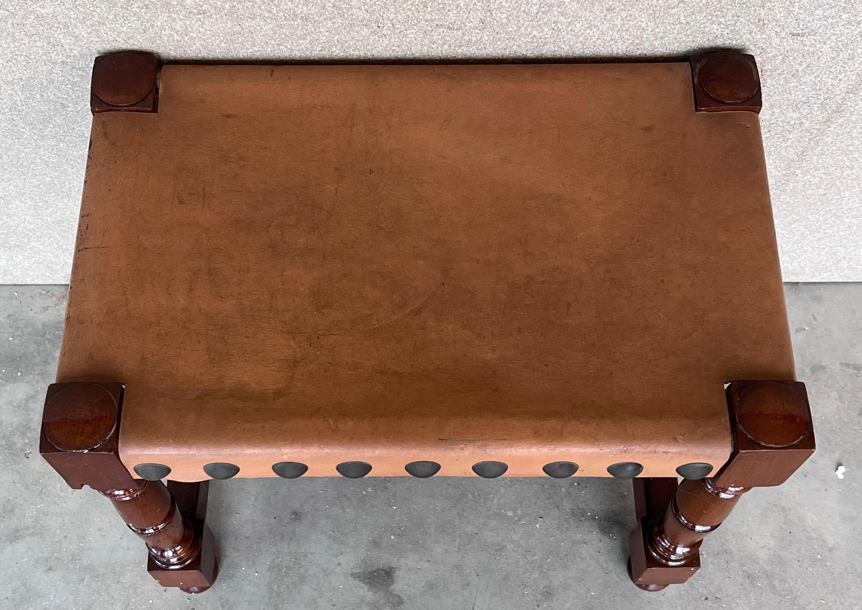 Pair of Foot Stools in Walnut and Leather Seat with Tacks For Sale 2