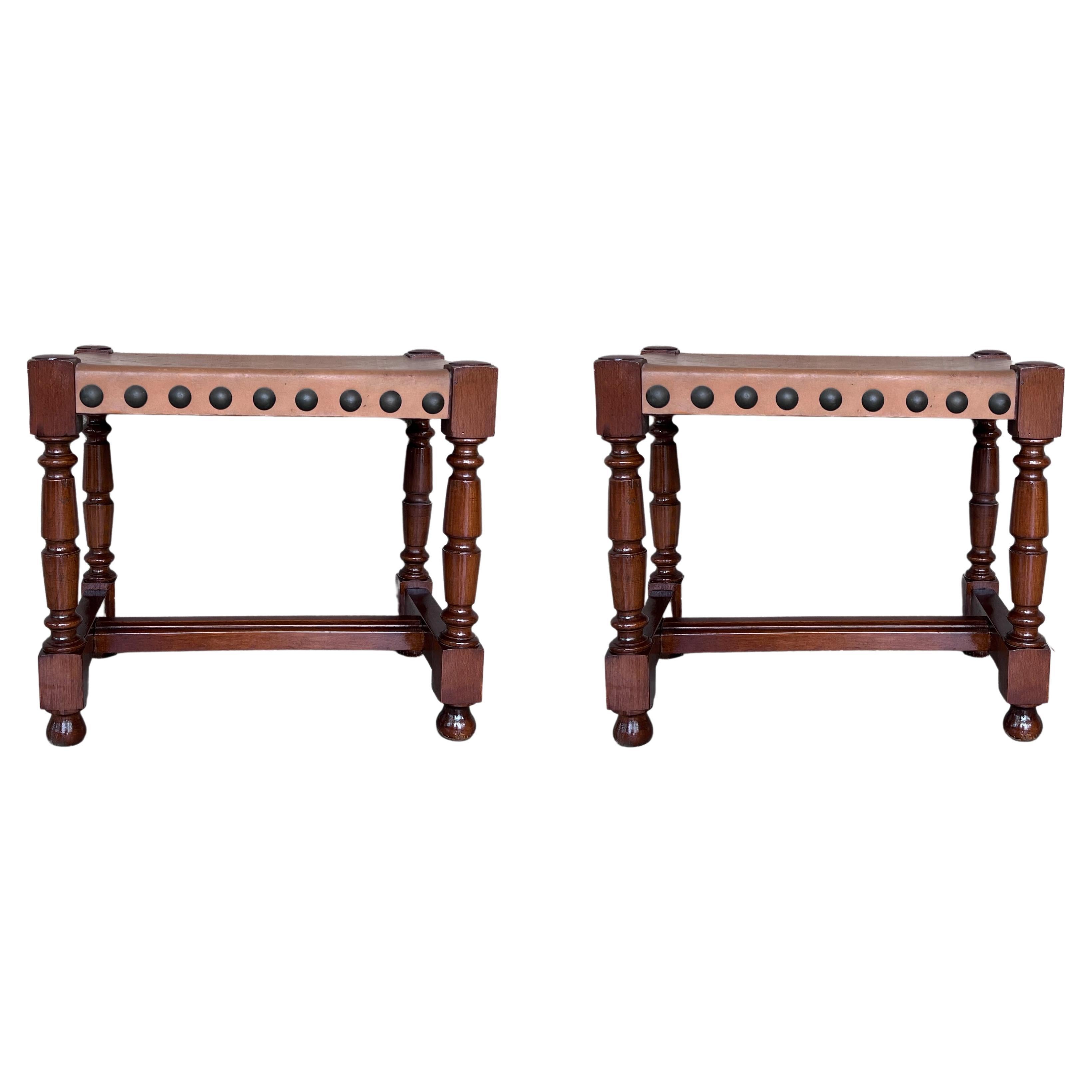 Pair of Foot Stools in Walnut and Leather Seat with Tacks For Sale