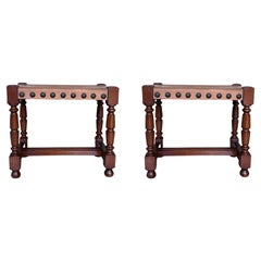 Pair of Foot Stools in Walnut and Leather Seat with Tacks