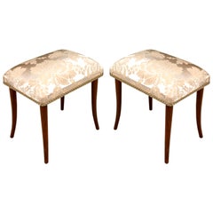 Pair of Footrest Pouf Stools in Walnut Art Deco Restored, New Upholstered Seats