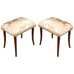 Pair of Footrest Pouf Stools in Walnut Art Deco Restored, New Upholstered Seats