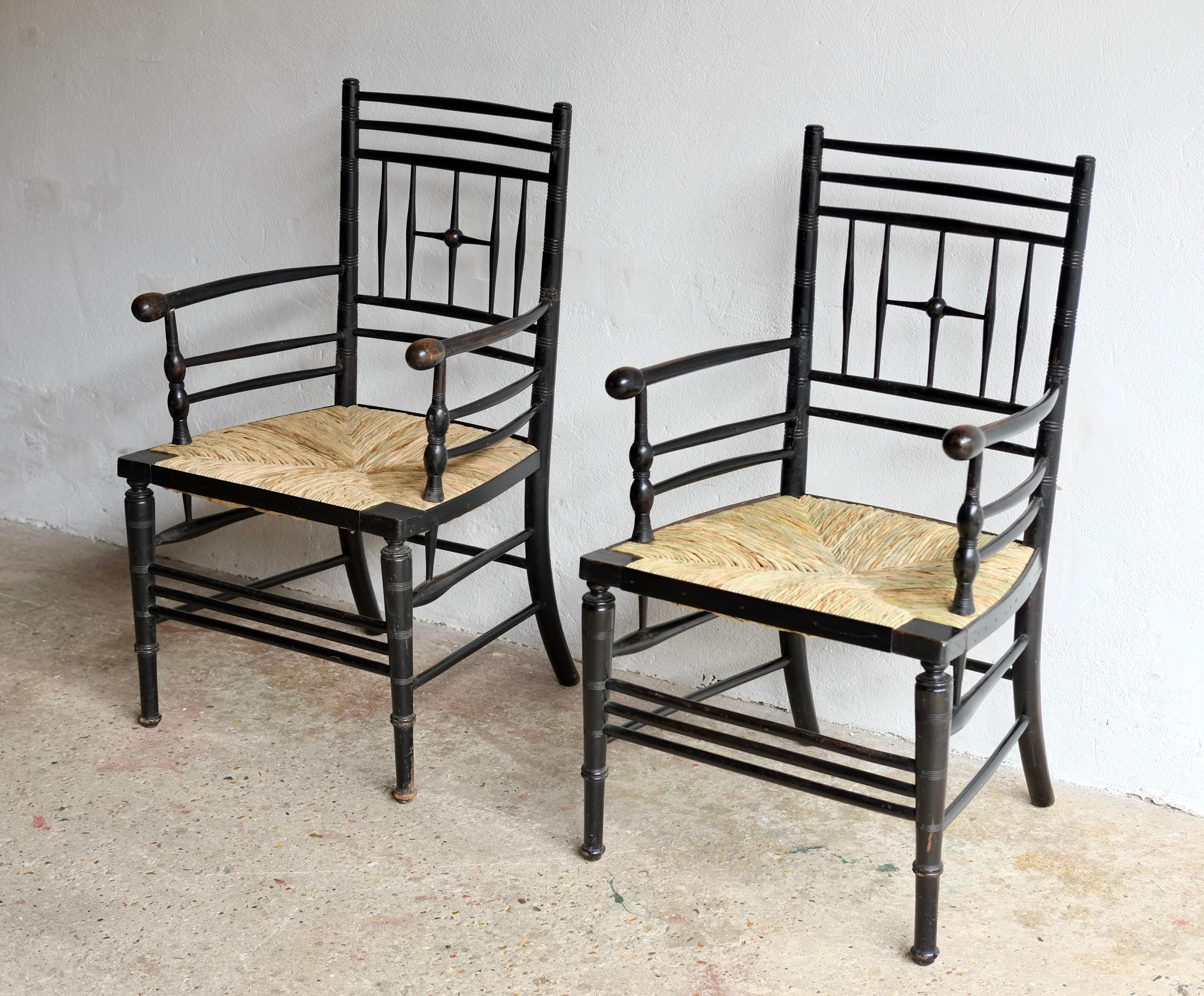 A pair of ebonised beech 19th century Sussex  armchairs by Ford Madox Brown (1821 - 1893) for Morris & Co, circa 1860’s, England. 

In very good solid condition with no movements to the joints. 

Price is for the pair.

H 94 Arm H 67 W 55 D 48