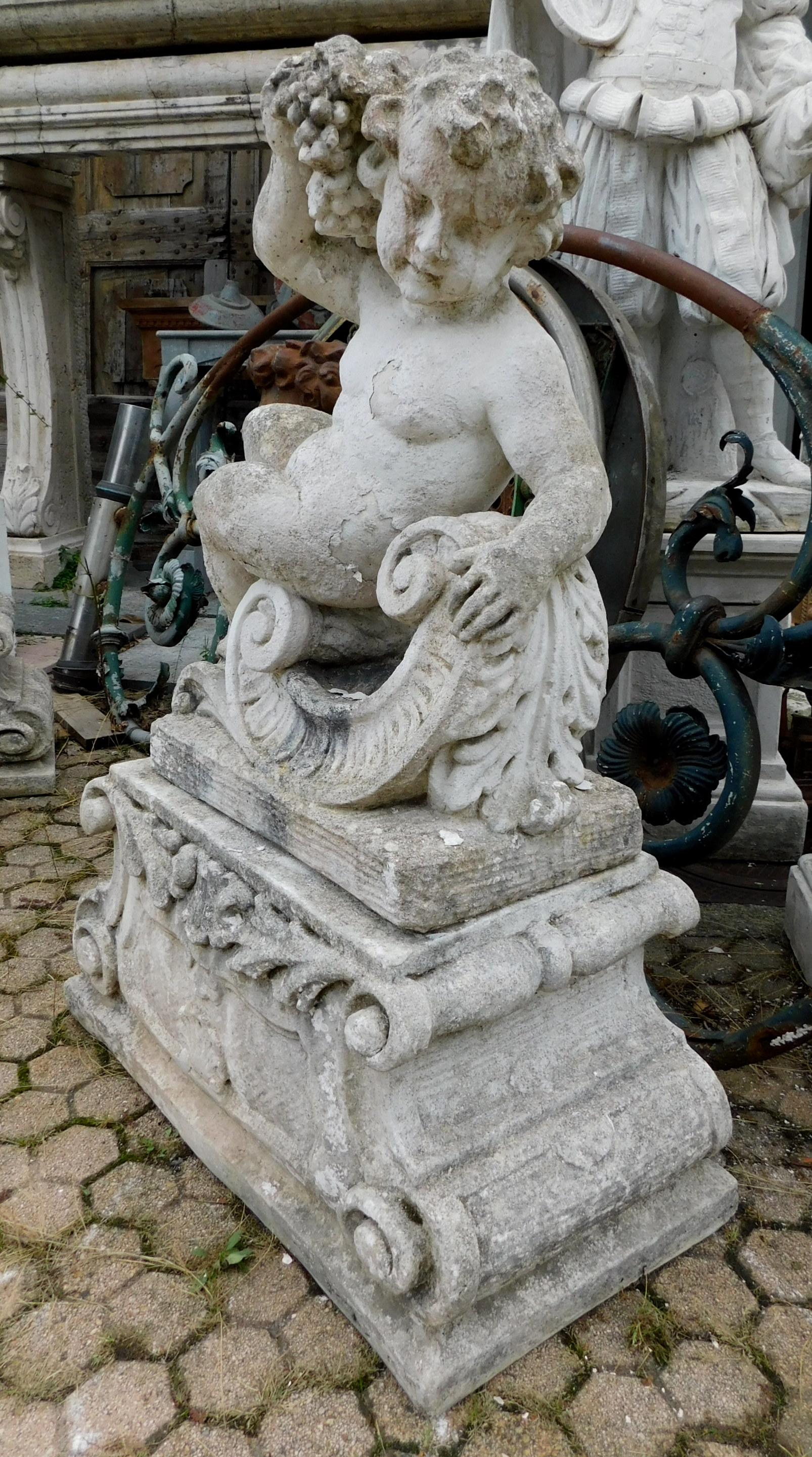 Pair of Foremen in Cement, Garden Sculptures with Cherubs, 20th Century Italy 1