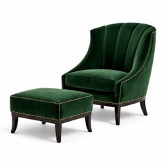 Pair of Forest Green Velvet Armchairs with Nailhead Trim, Modern Classic Style
