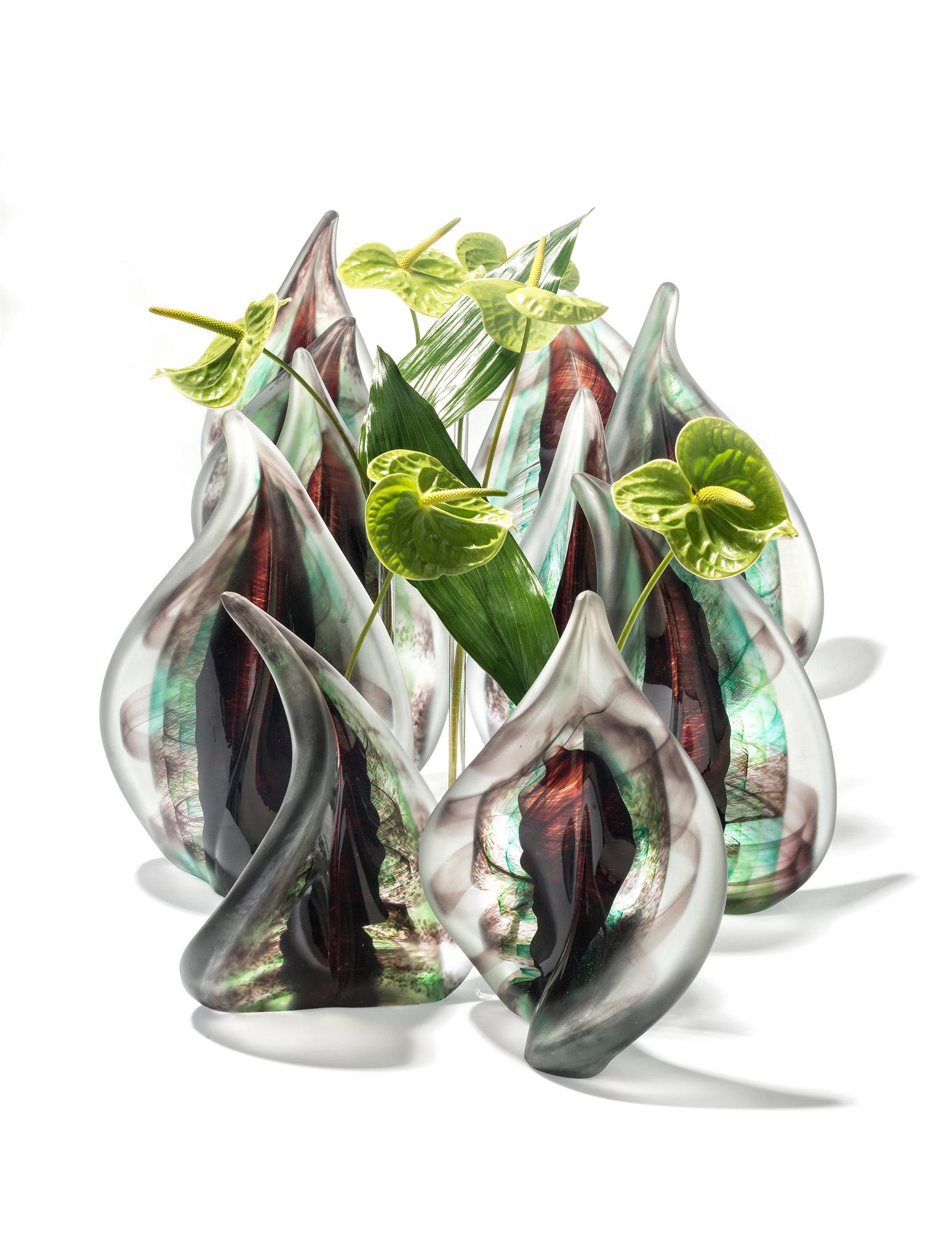 Blown Glass Pair of Foresta Dark Green Leaf Sculpture in Murano Art Glass Style